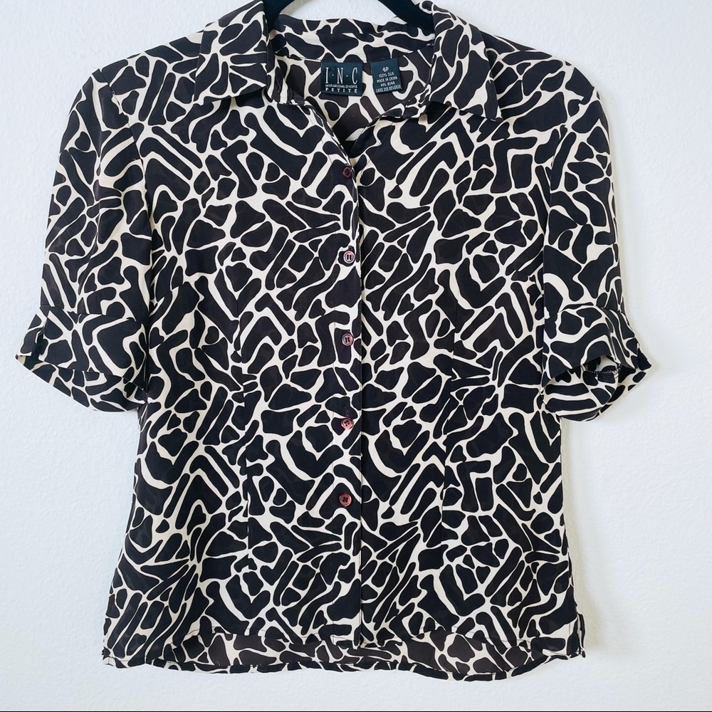 INC International Concepts Silk Animal Print Button Blouse Sz 4 Petite